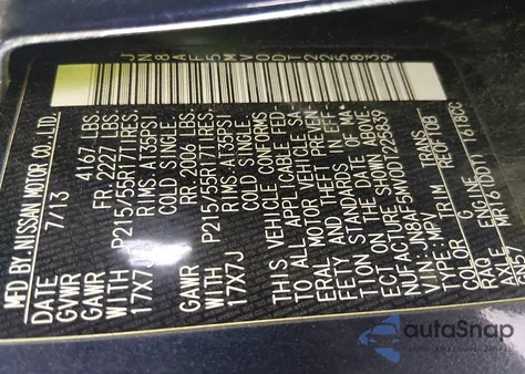 2013 Nissan Juke Sv из США, поврежденный, VIN JN8AF5MV0DT225839